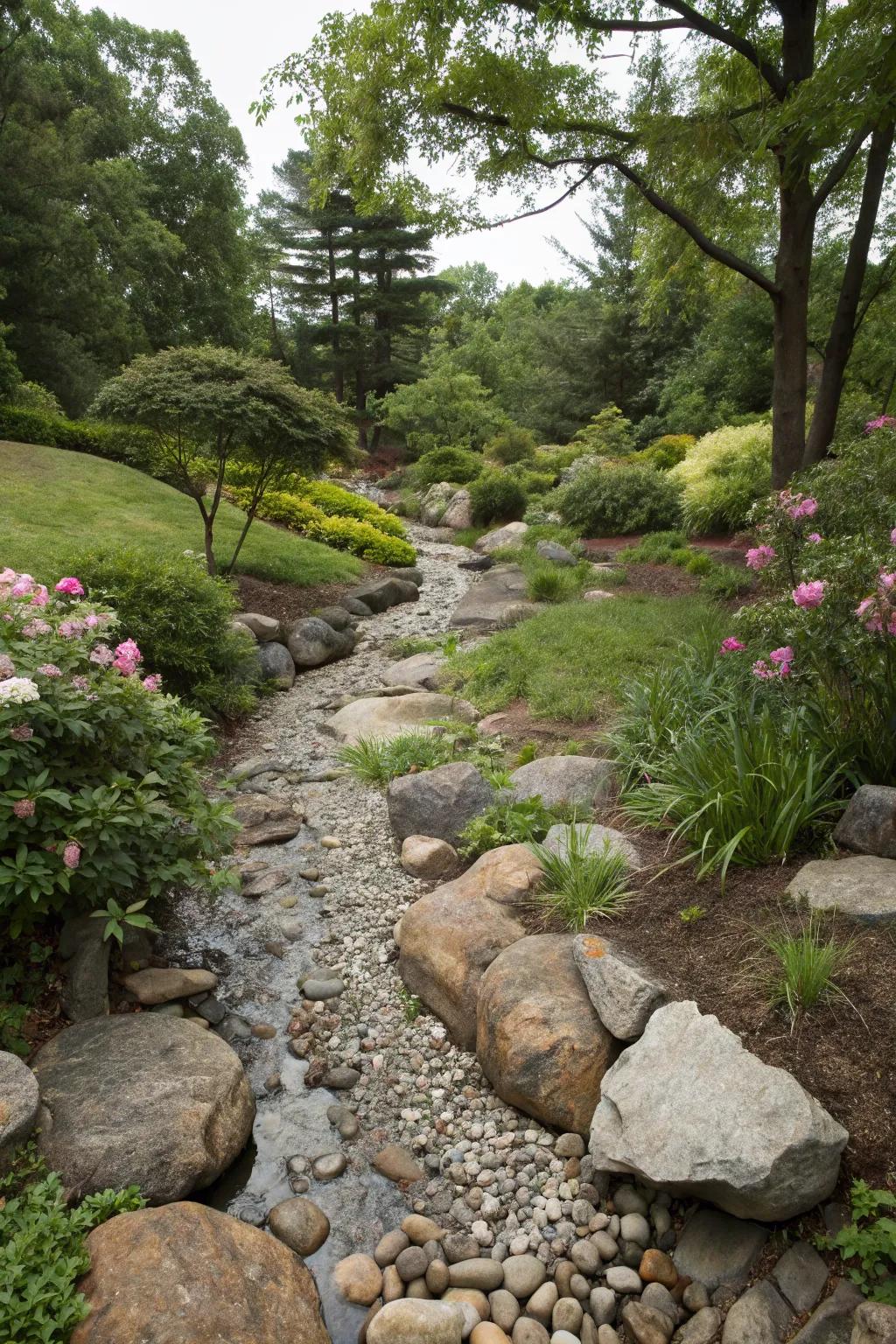 Simulate nature with a boulder-formed dry creek bed.