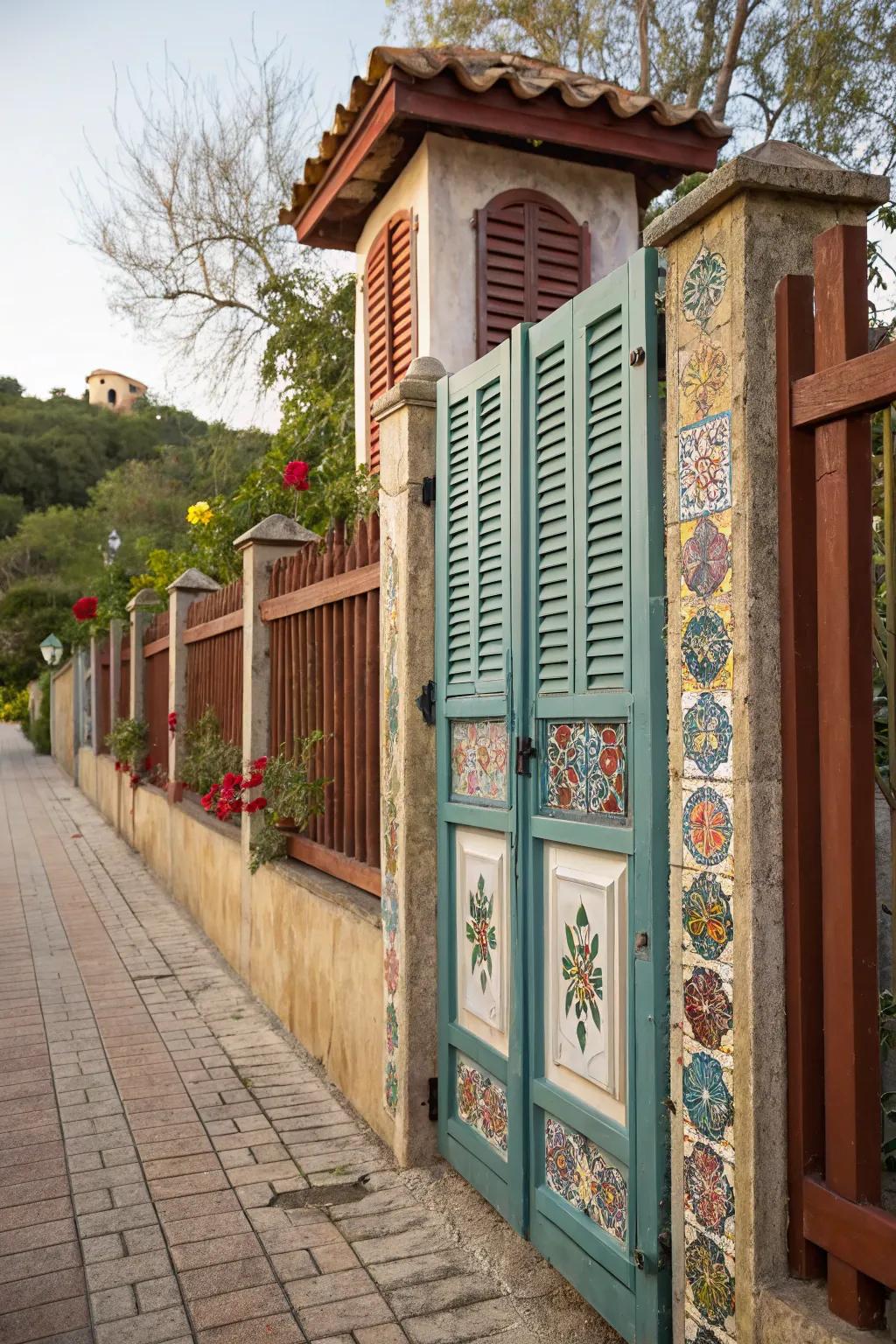A charming fence adorned with upcycled art pieces.