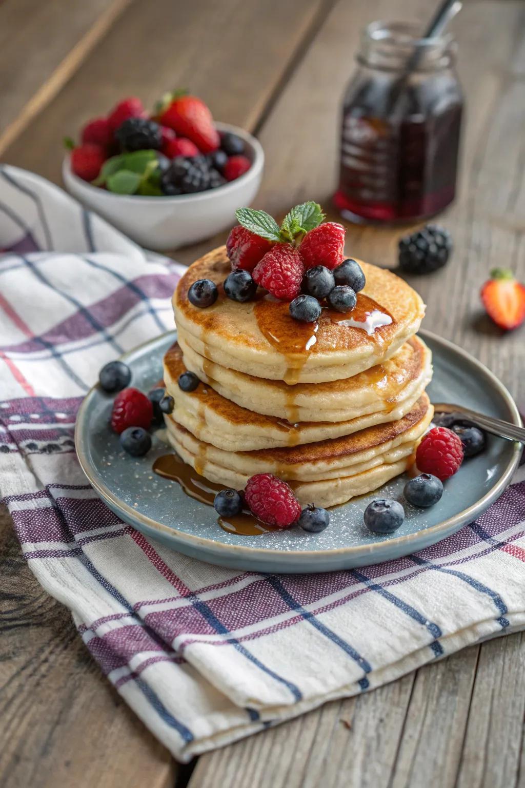 Indulge in a delightful berry pancake stack.
