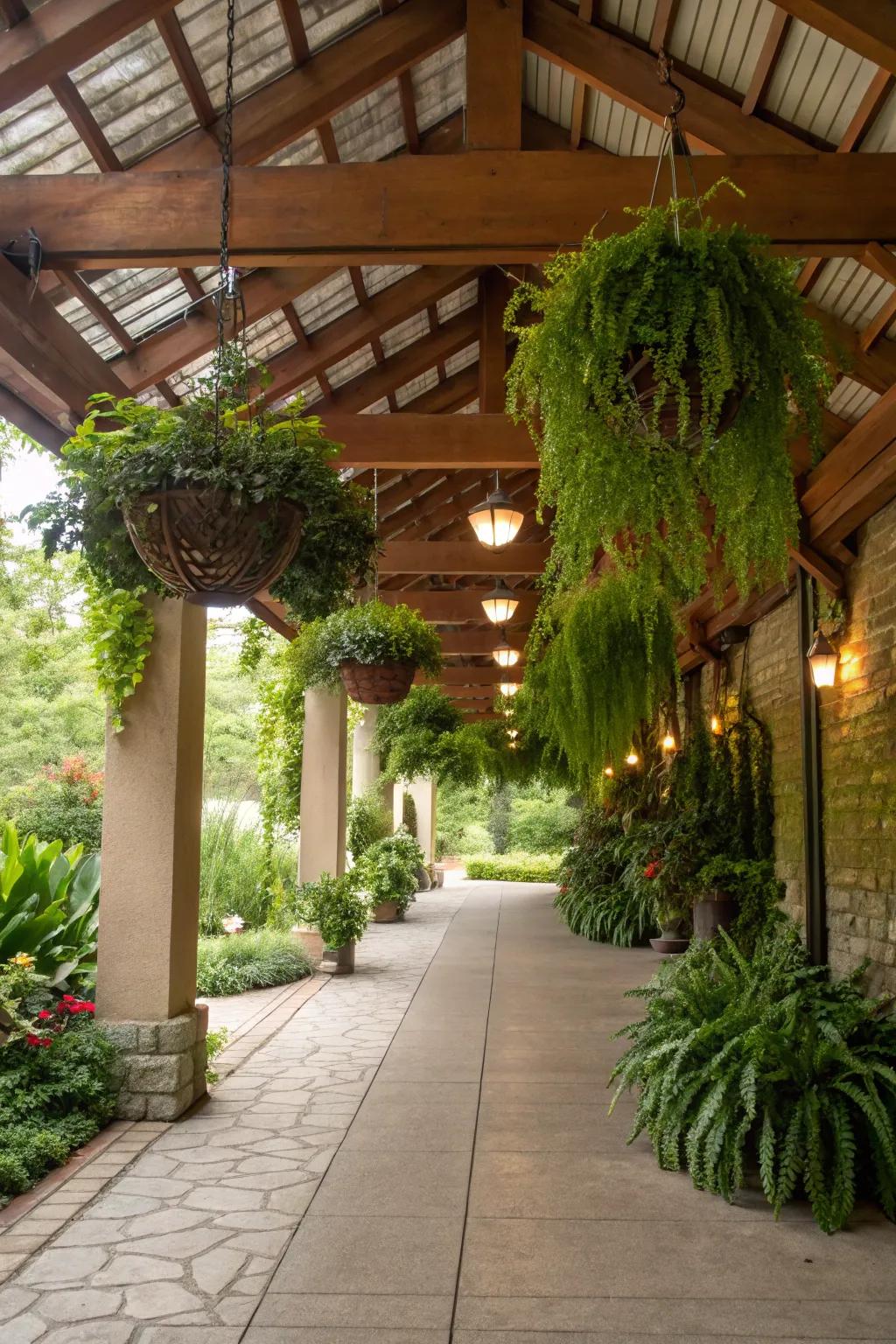 Achieve a natural look with open rafters and hanging plants.