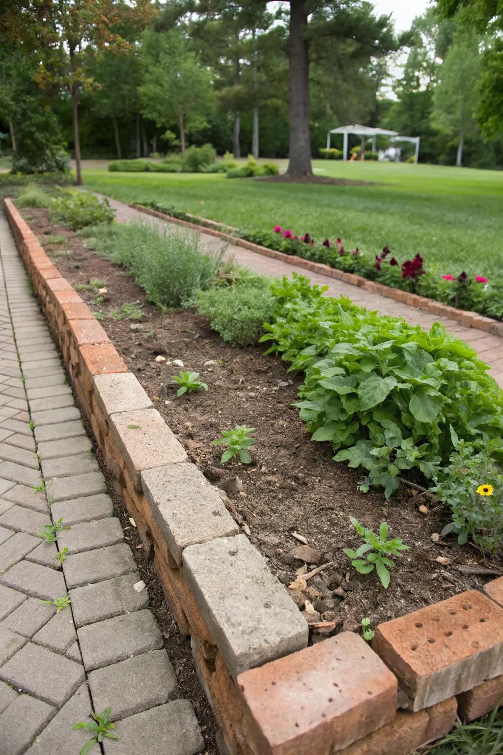 Pressed-in ground brick edging provides a clean finish.