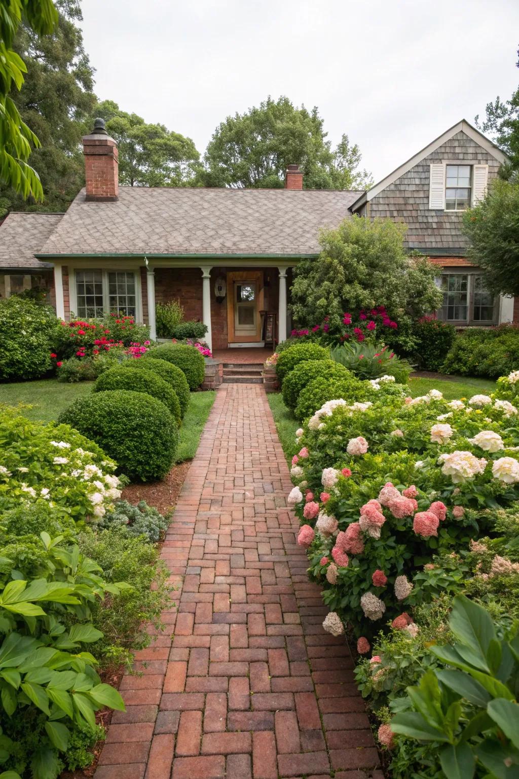 A brick pathway leading to a home's front entrance enhances its curb appeal.