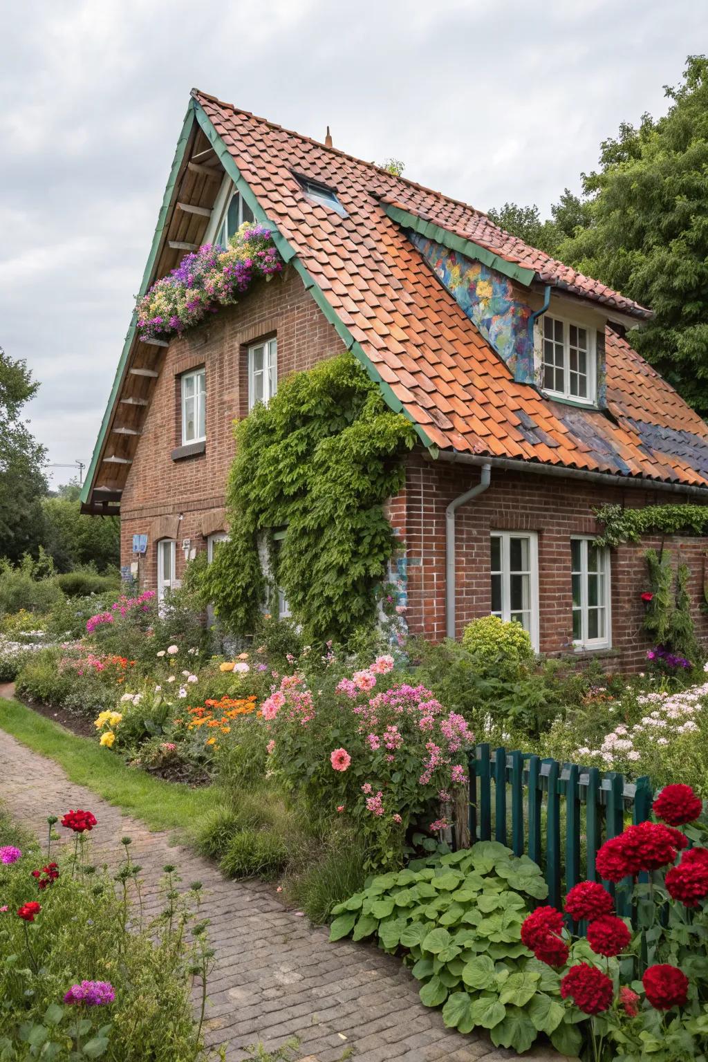Colorful roof tiles add personality and flair to brick homes.