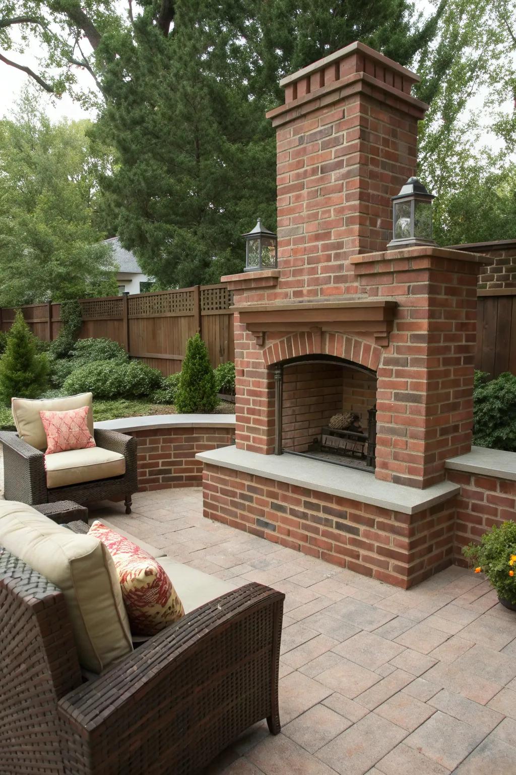 A seating wall enhances the functionality of a brick fireplace.