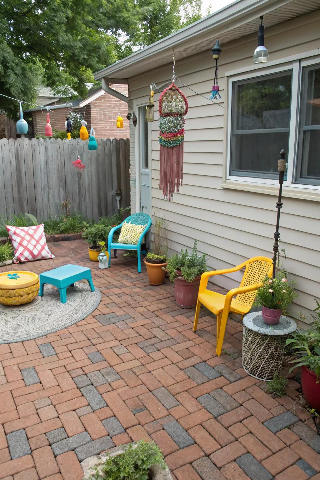A small patio showcasing a diagonal brick paver pattern.