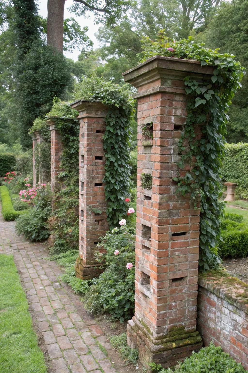 Brick pillars with hidden storage, offering a stylish yet practical solution.