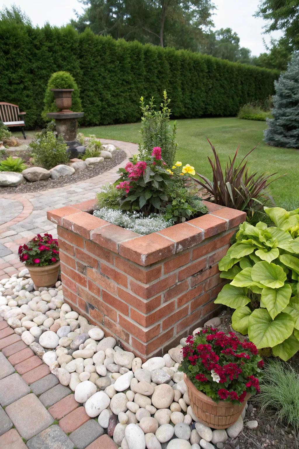 A brick planter box designed as a striking focal point in the garden.
