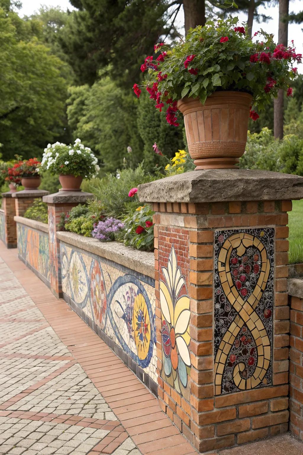 A brick planter wall transformed with colorful mosaic art.