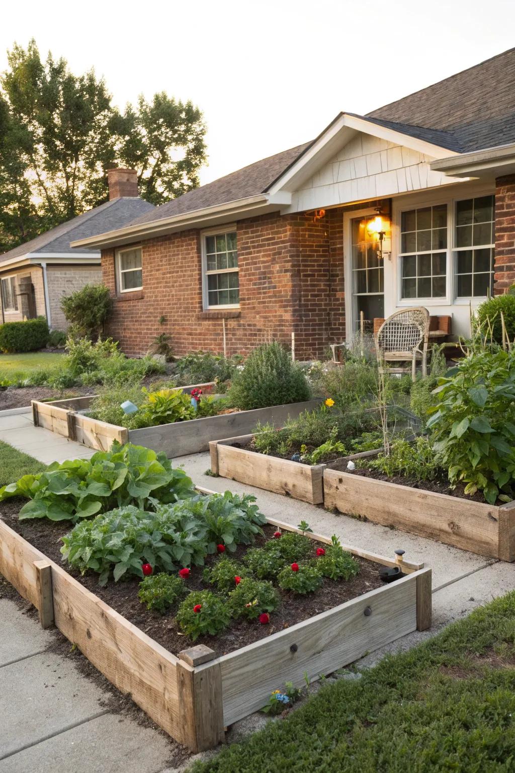 Raised garden beds offer organized planting and easy maintenance.