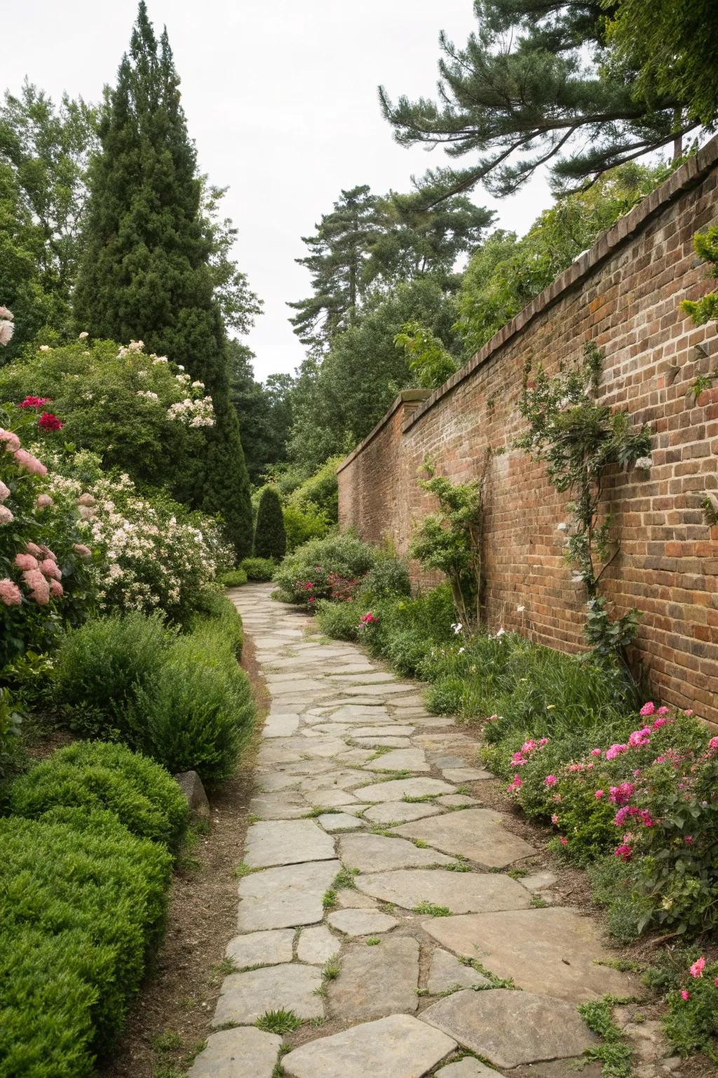 A stone pathway adds texture to a brick wall setting.
