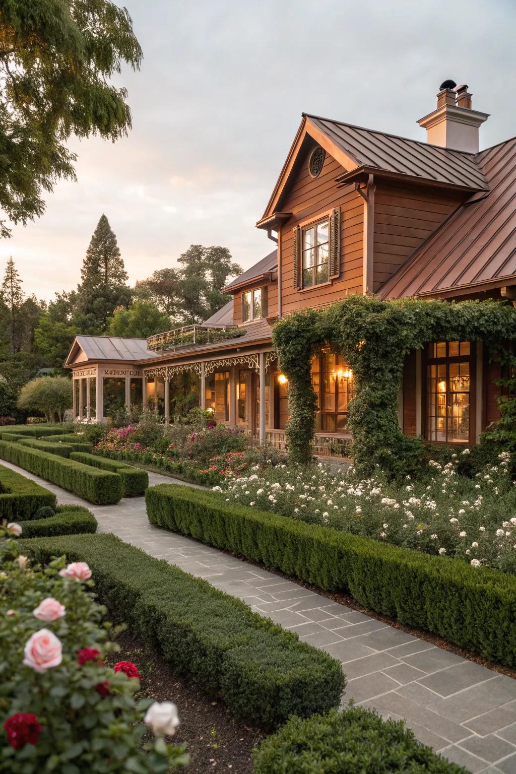 Copper accents add warmth and luxury to a brown exterior.