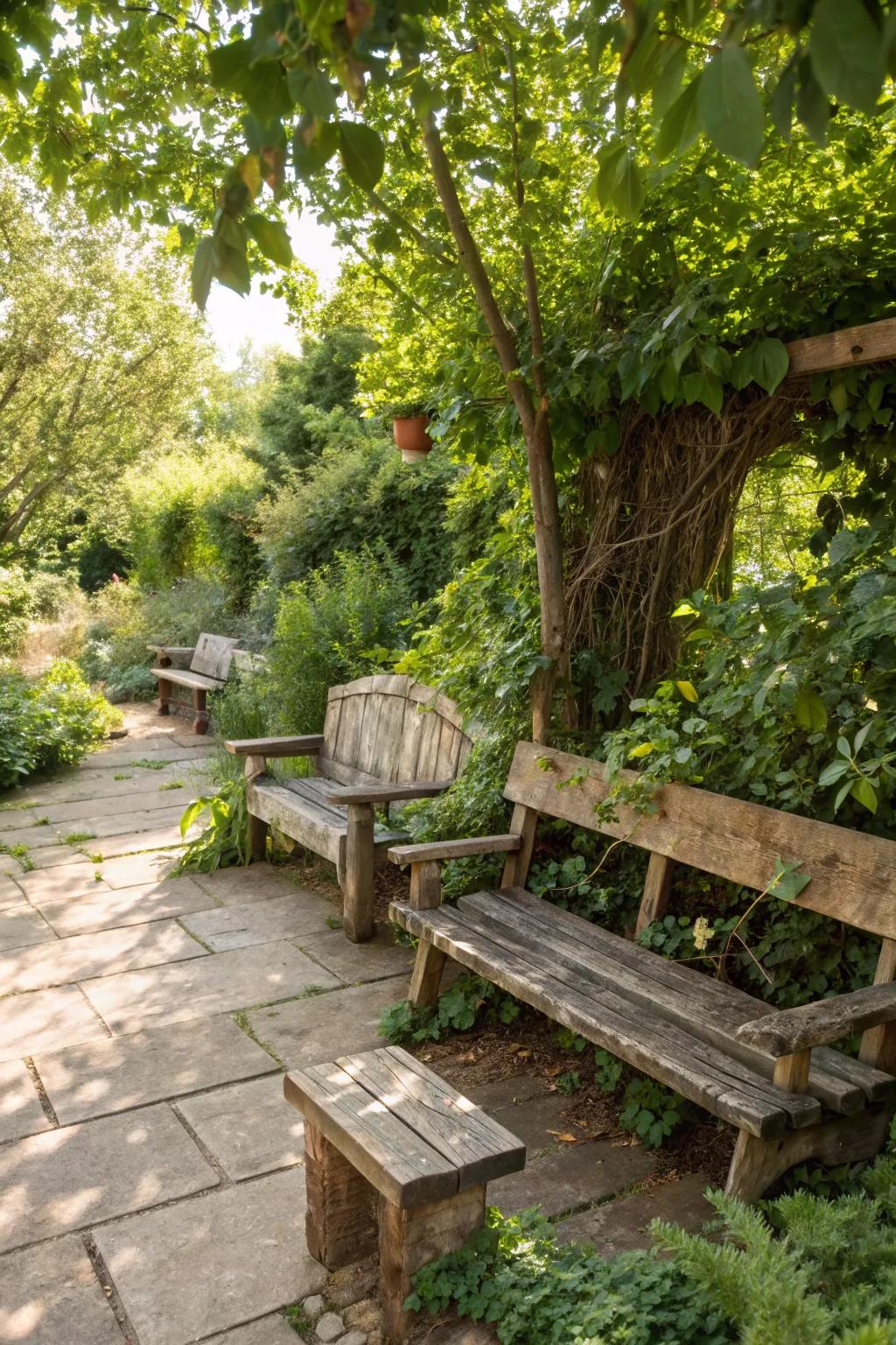 Reclaimed wood seating combines style with sustainability.