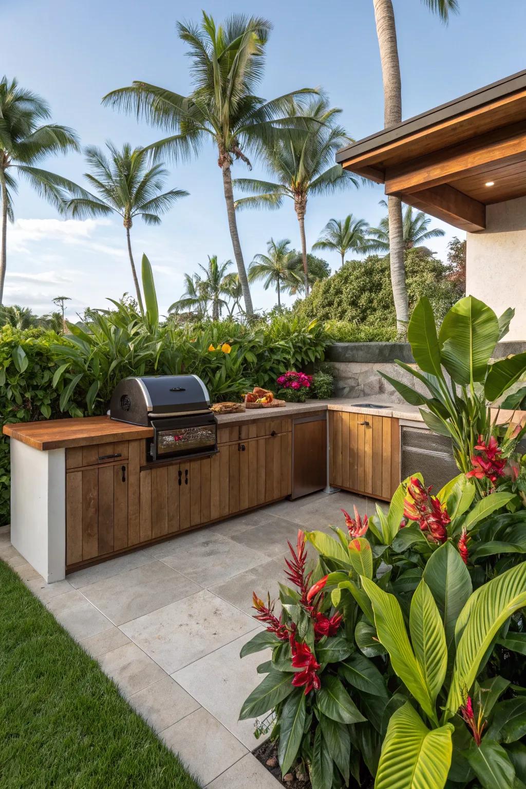 A tropical retreat theme transforms your grill area into a vacation paradise.