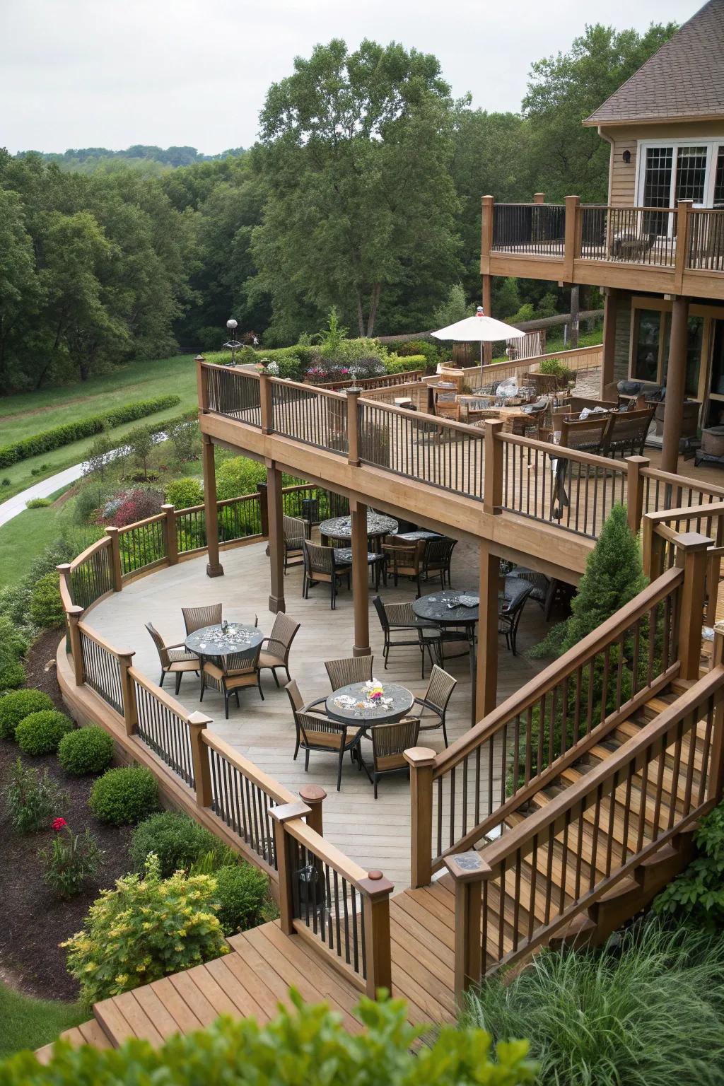 Multi-level seating for a dynamic deck design.