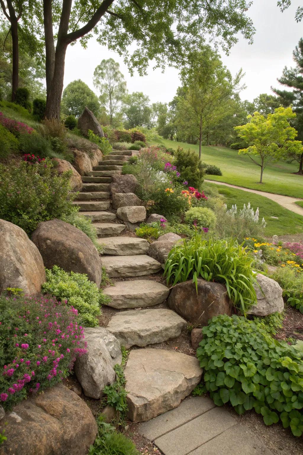 Garden steps enhanced with bull rocks for added charm and erosion control.