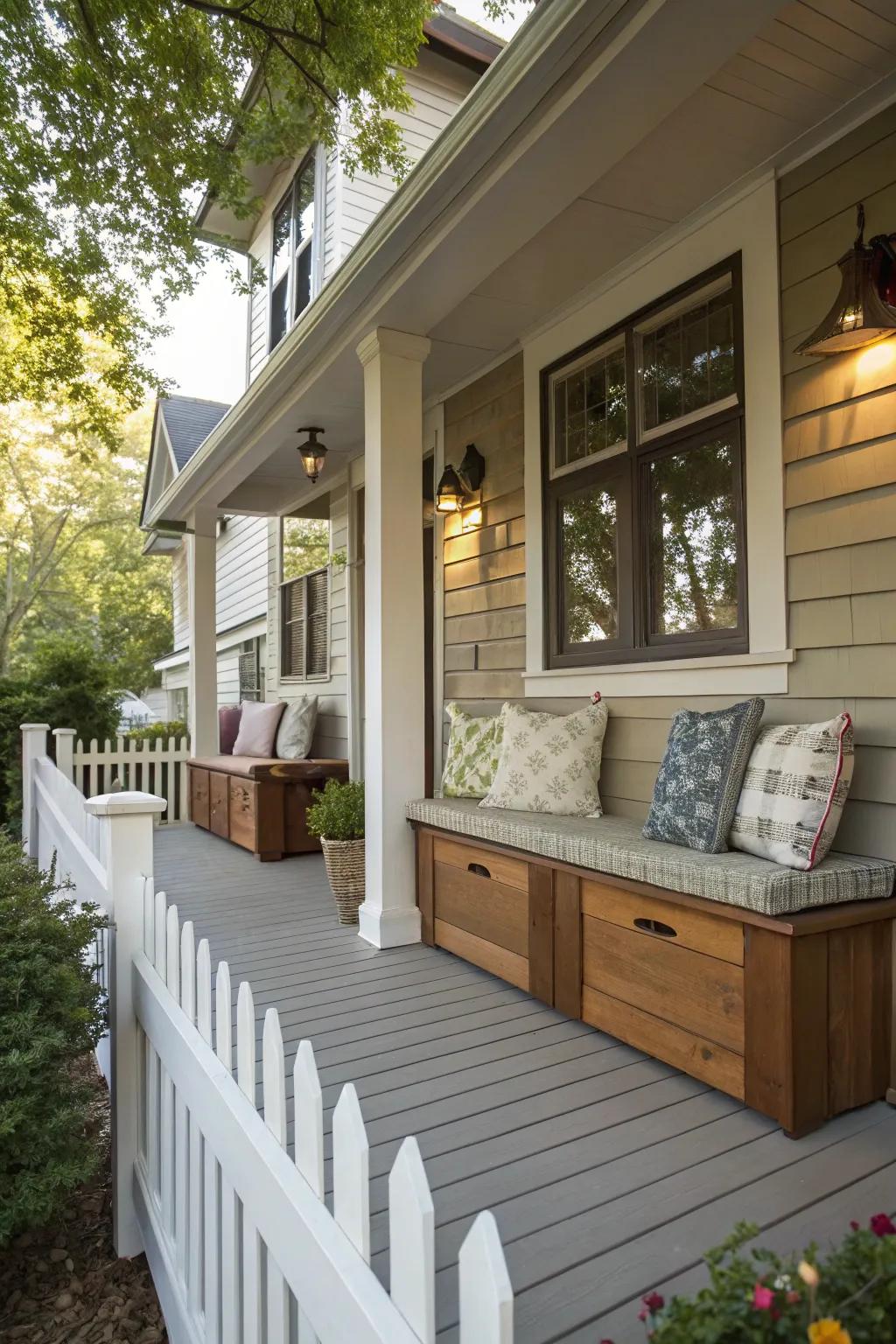 Hidden storage solutions keep your porch organized.
