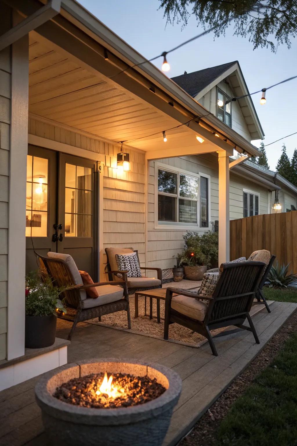 A fire pit transforms the porch into a cozy evening gathering spot.