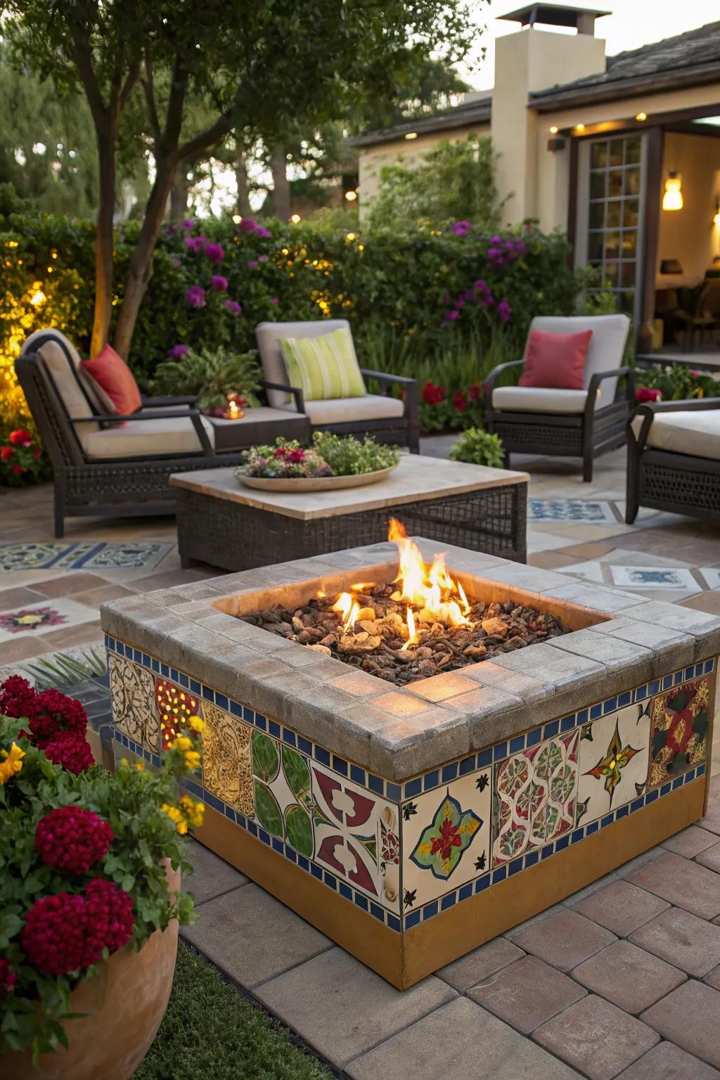 Vibrant personality with a tile-accented fire pit.