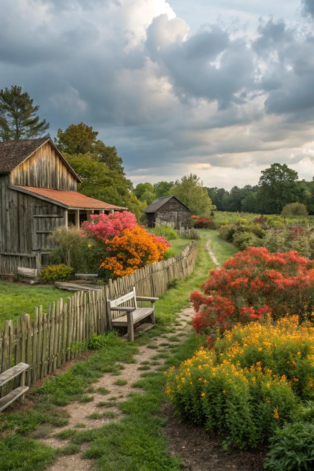 Burning bushes add vibrant contrast to rustic farmhouse gardens.