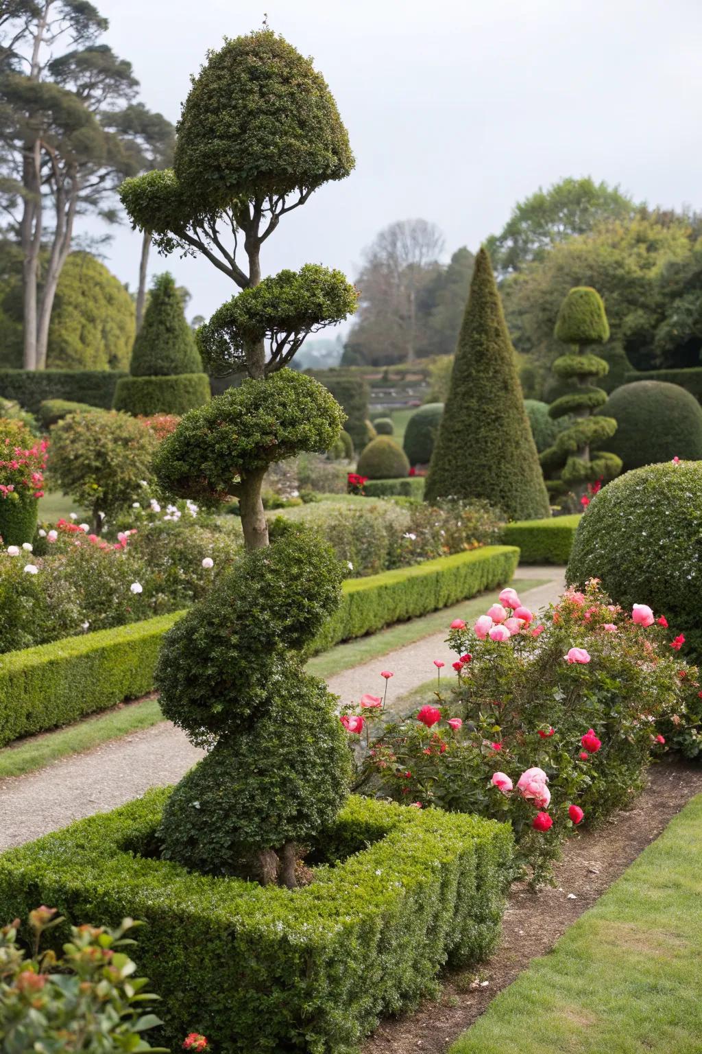 Creative camellia topiaries add whimsy to gardens.