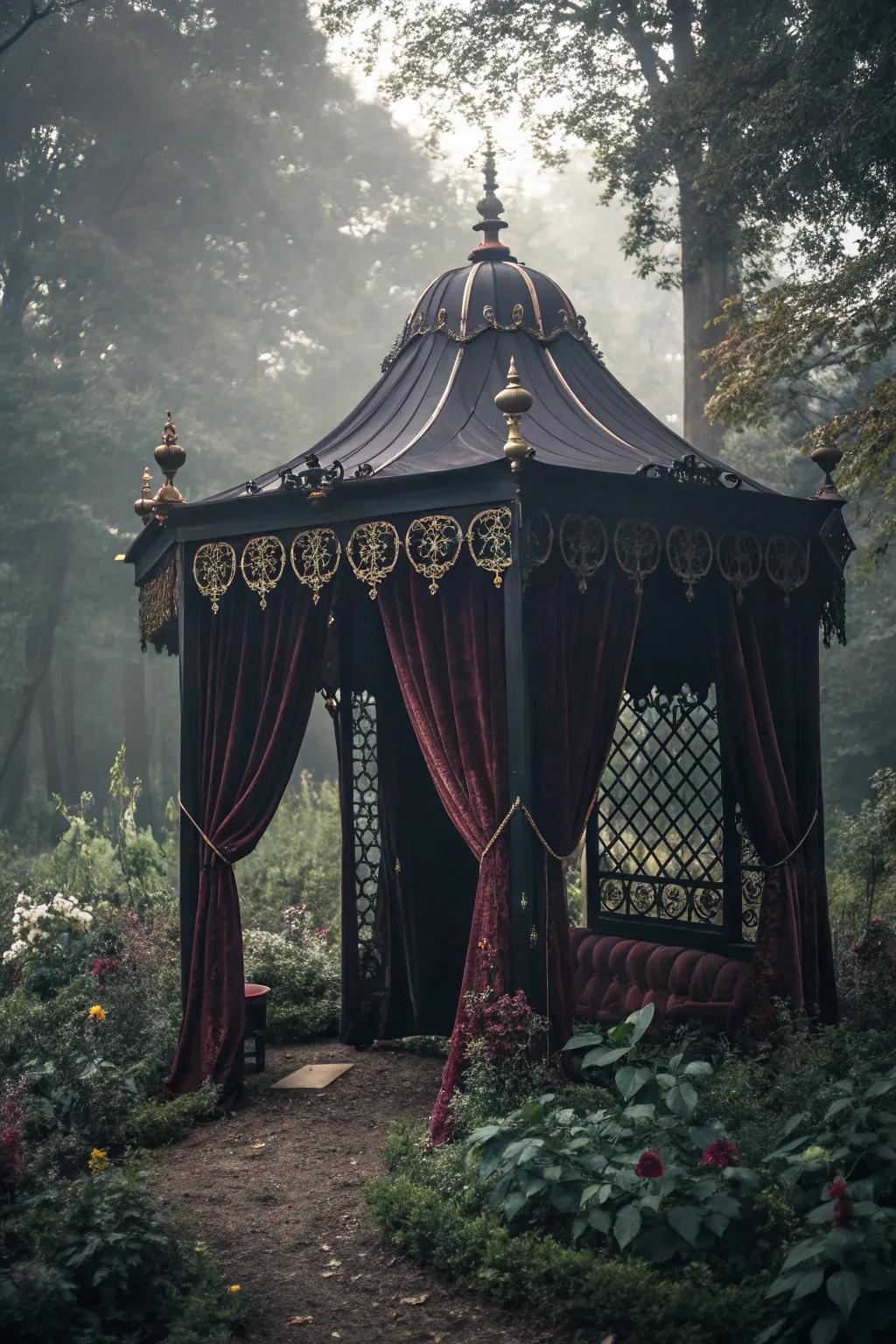 A gothic elegance canopy tent for a dramatic and enchanting setting.