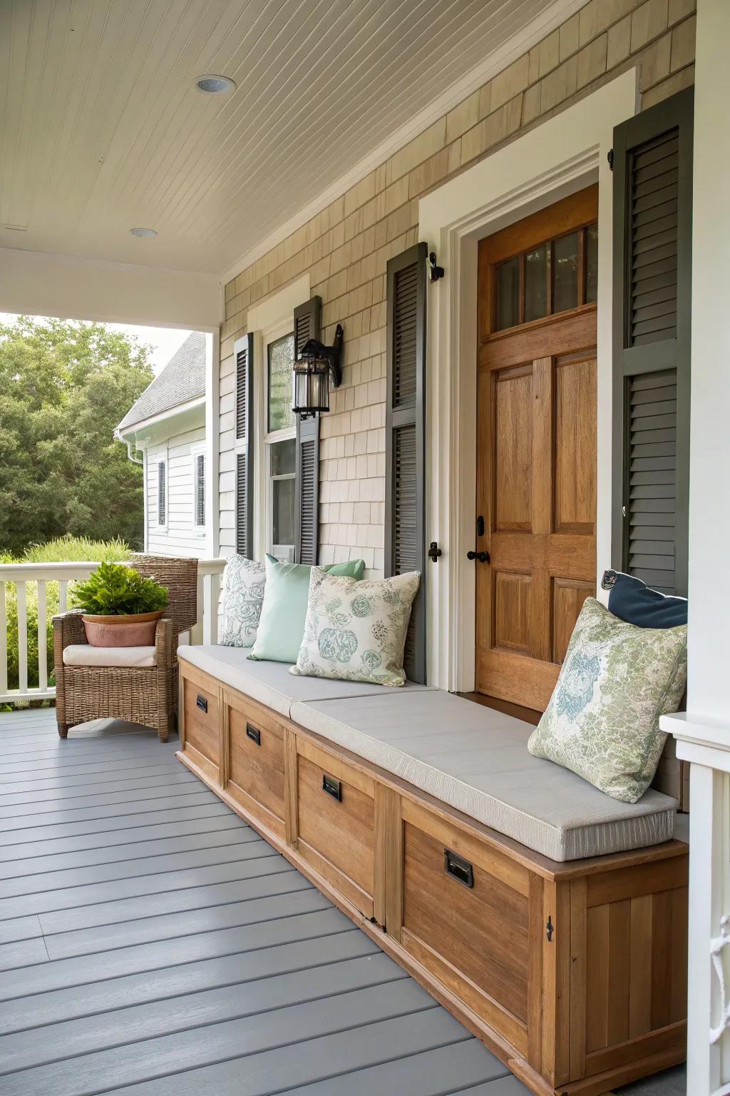 Multifunctional benches enhancing a Cape Cod porch.