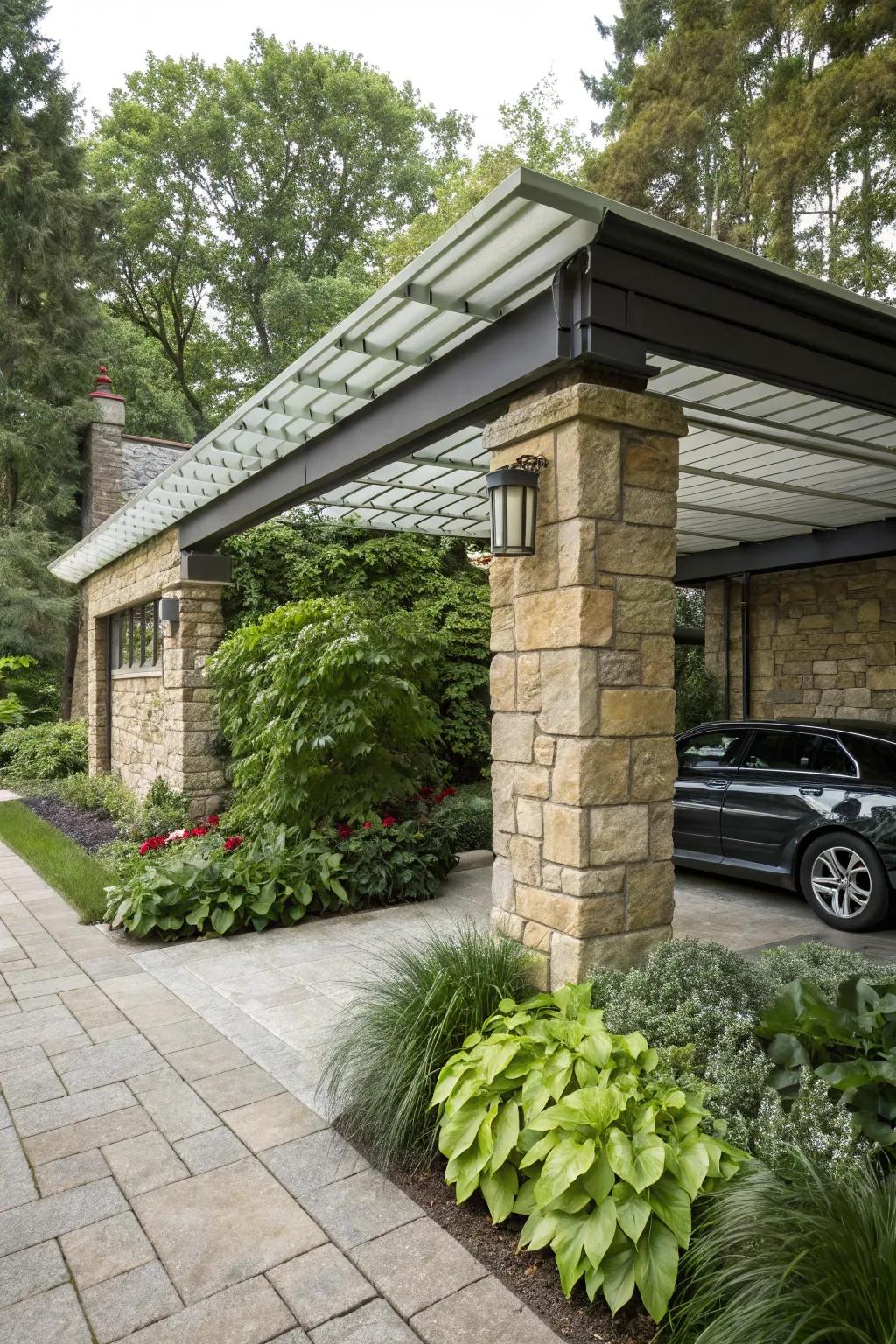 Natural stone walls offer elegance and privacy for your carport.