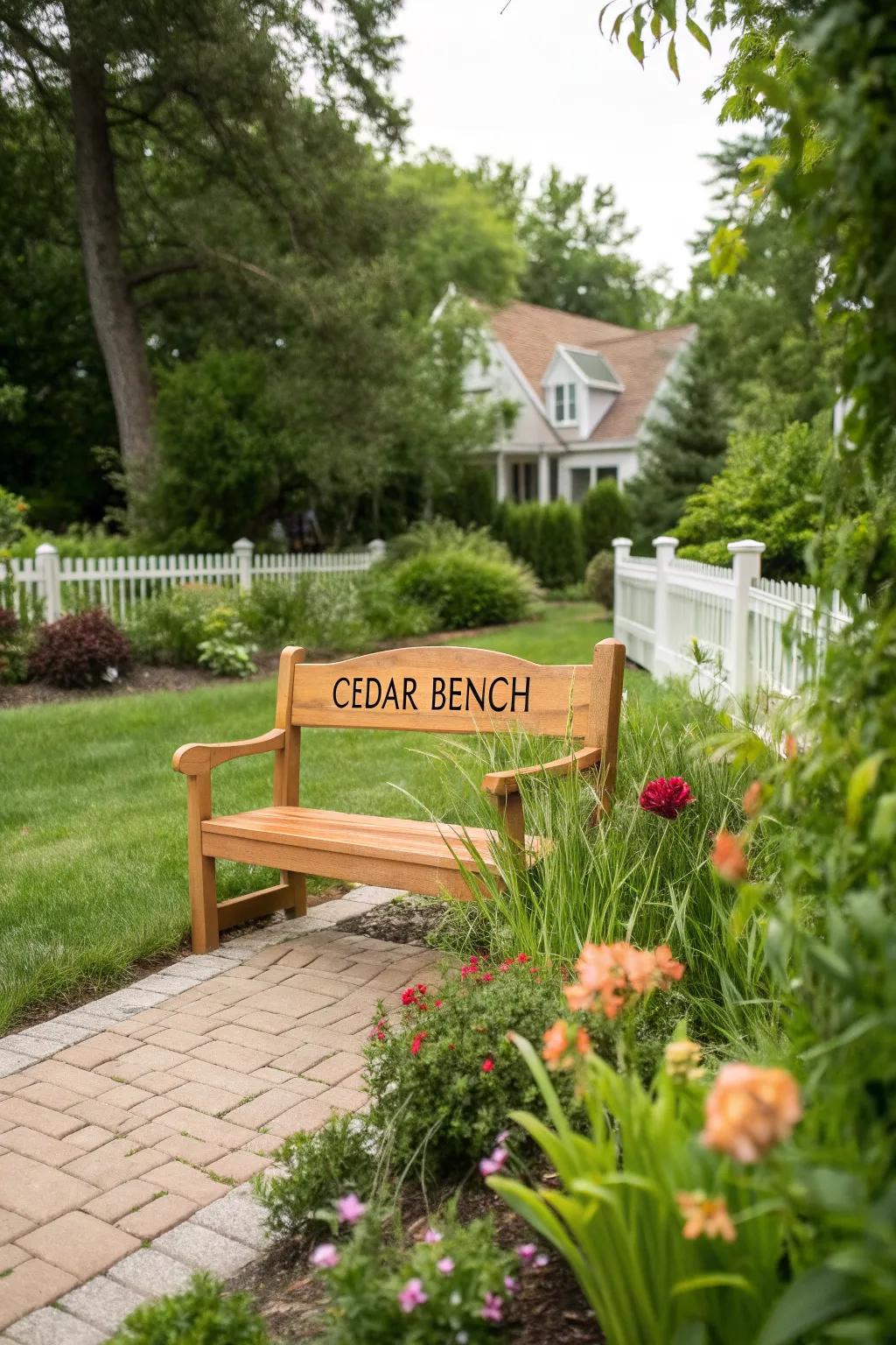 An engraved cedar bench adds a personal touch to the garden.