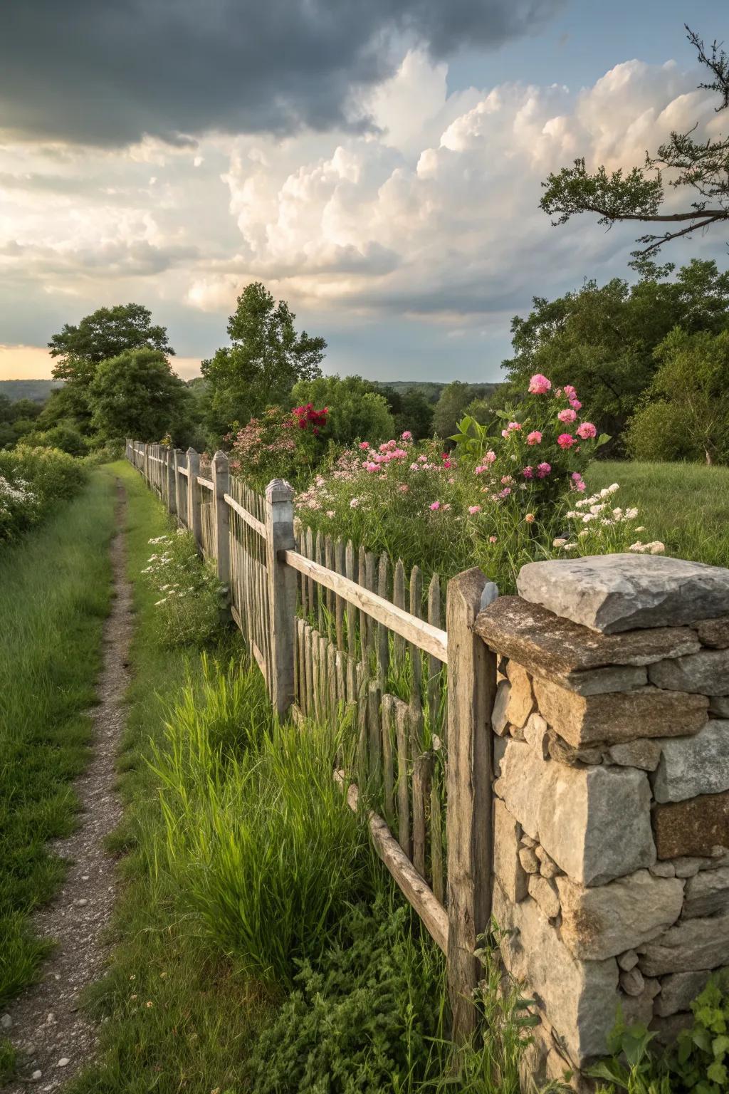 Rustic stone foundations add an earthy touch to the cedar fence.