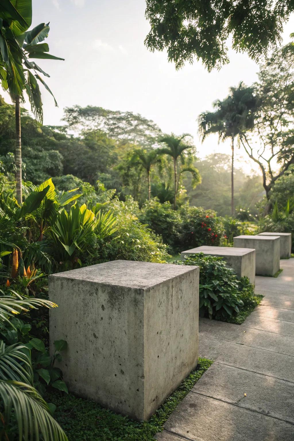 Large slabs and lush plants create a tropical escape.