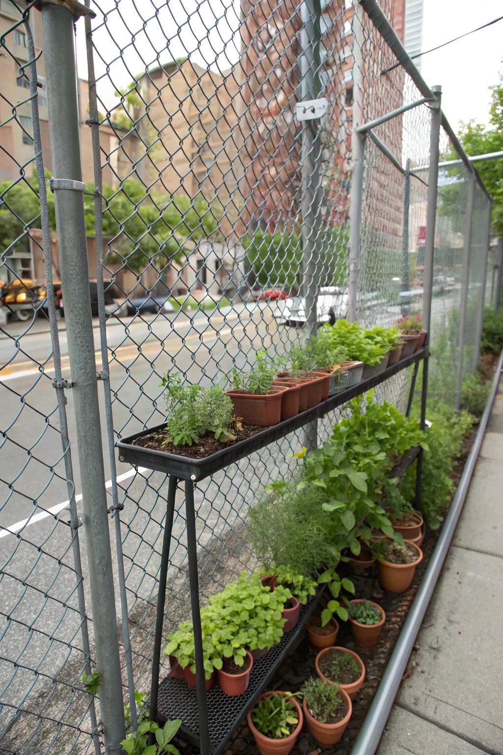 Wire shelves extend fence coverage creatively.