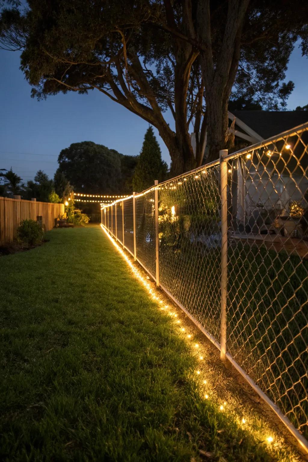 LED strip lighting transforms chain link fences into enchanting garden features at night.