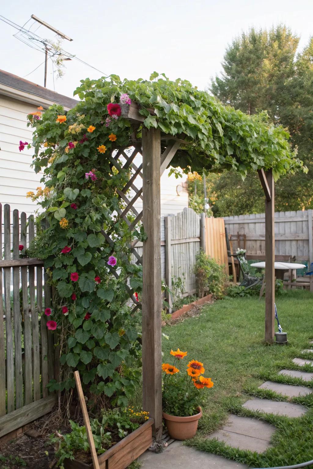 A DIY trellis adds vertical interest and charm.
