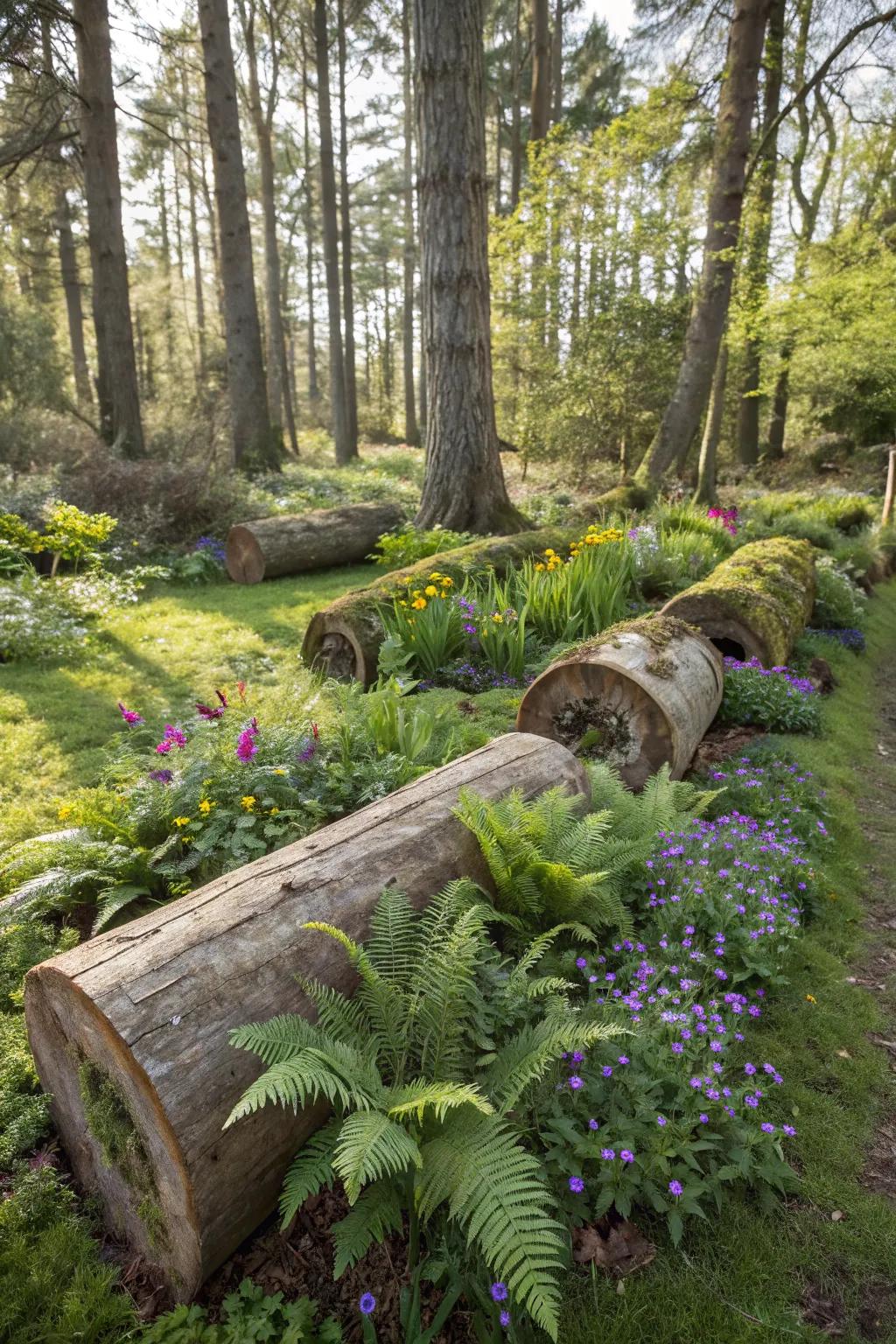 Log planters add a rustic, natural element to your garden landscape.