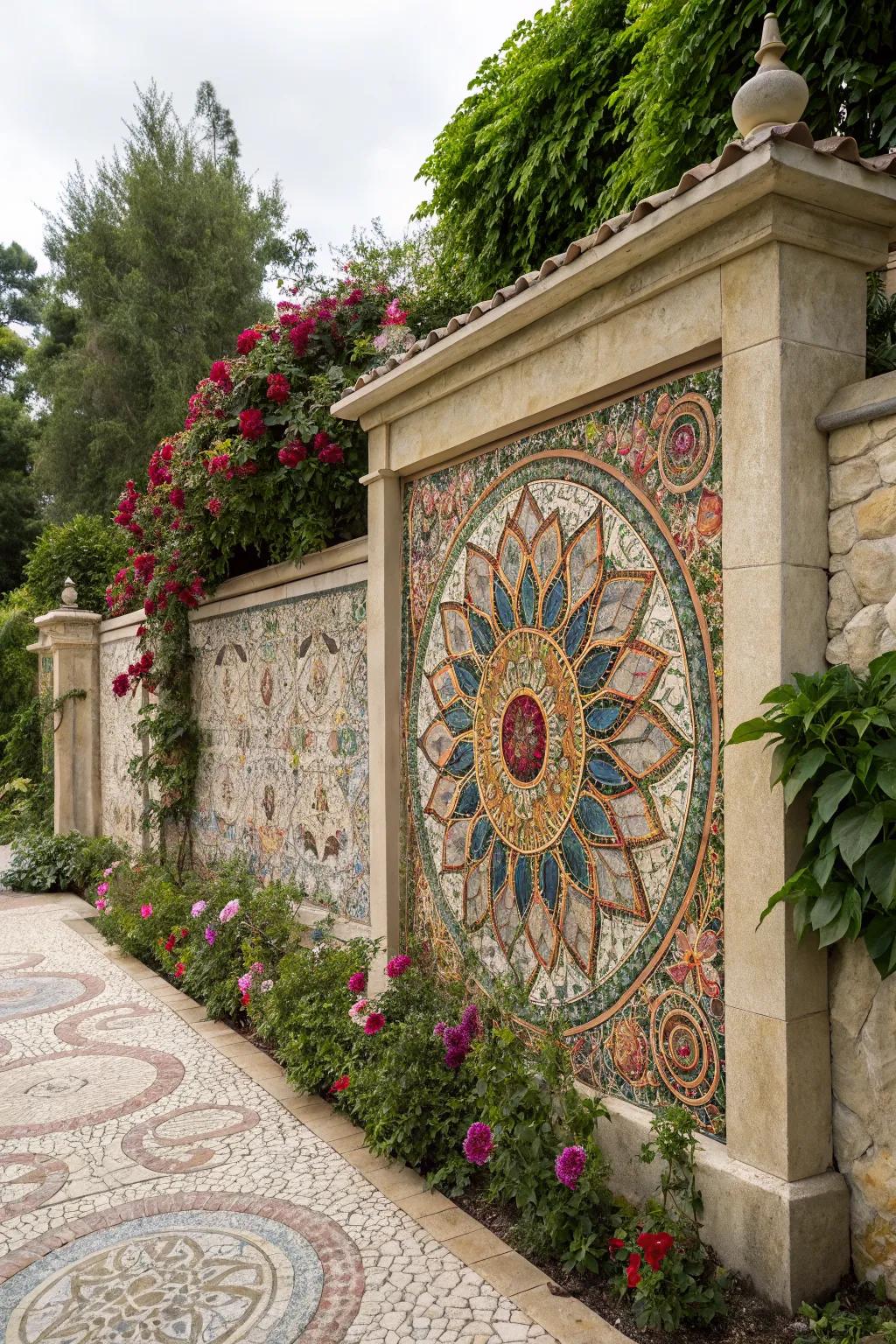 A garden wall featuring an intricate stone mosaic design.