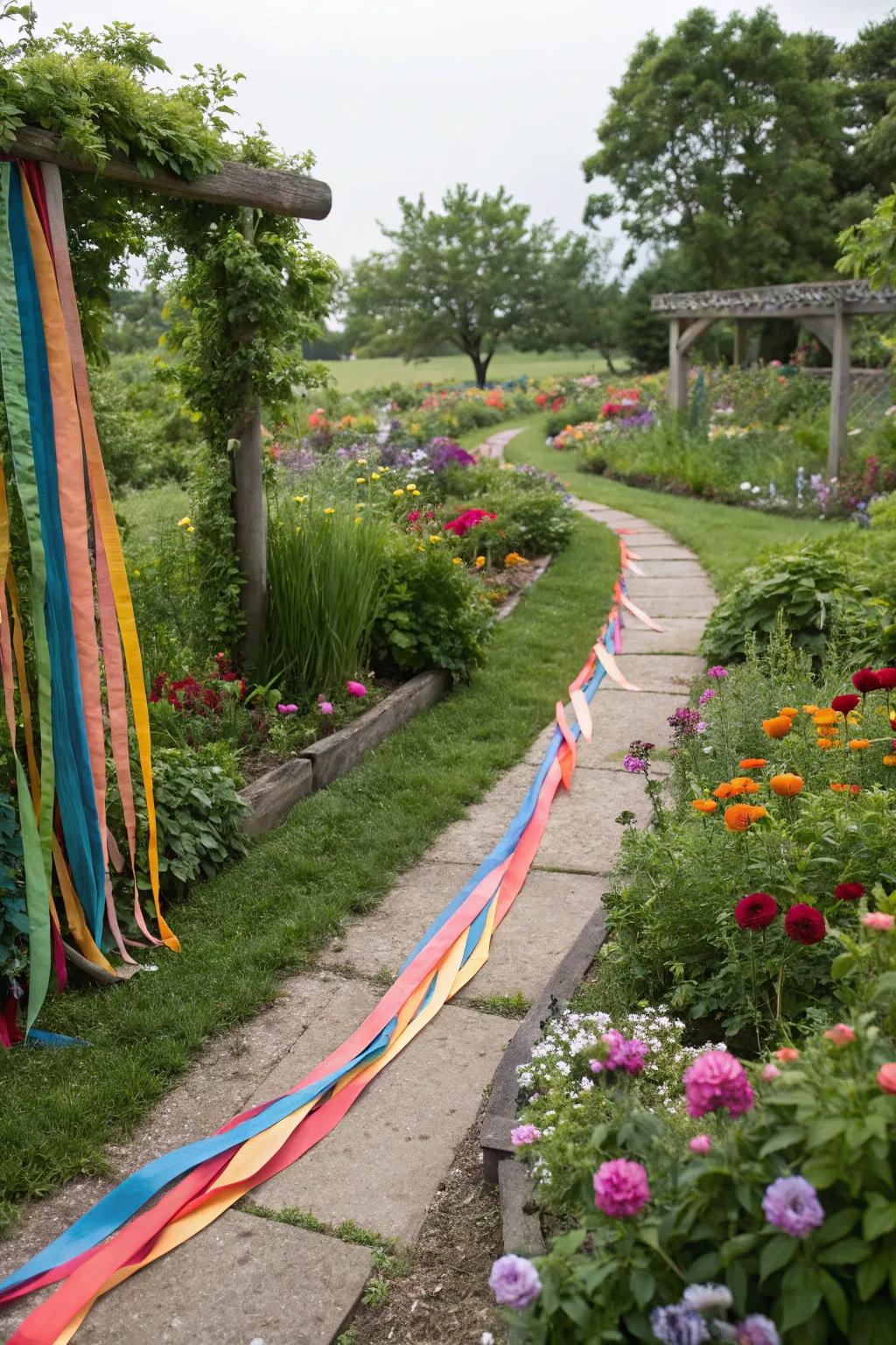 Fabric strips add a playful and personal touch to garden edges.
