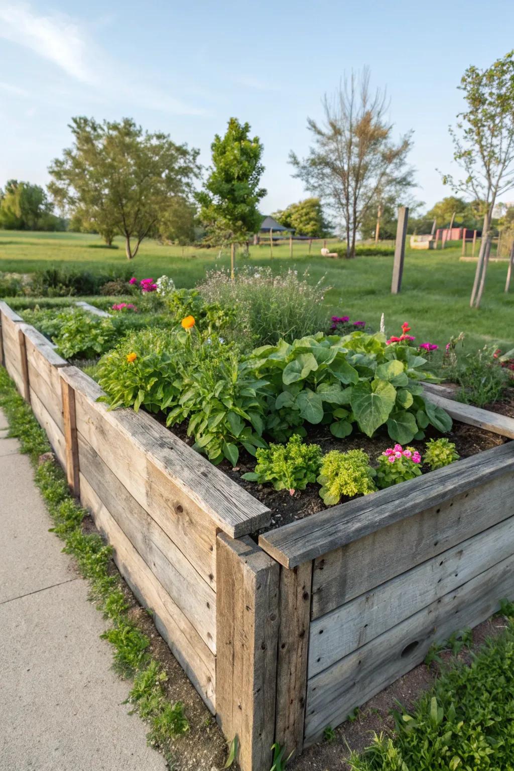 Raised beds offer easier gardening and a rustic feel