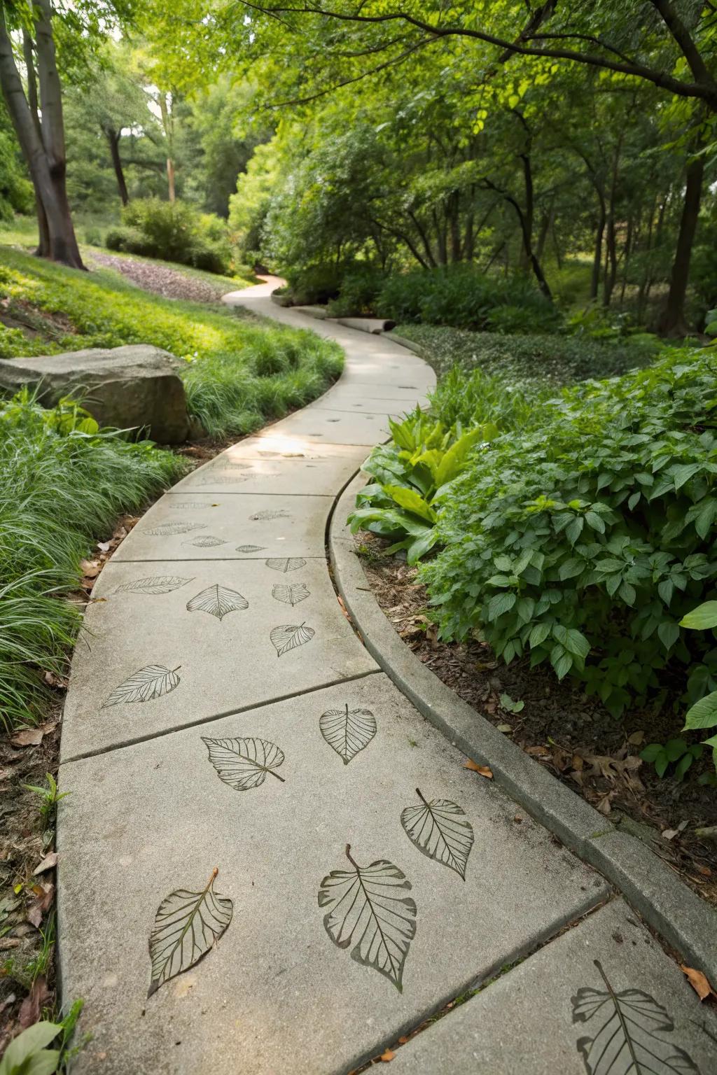 Leaf imprint paths blend seamlessly into natural garden settings.