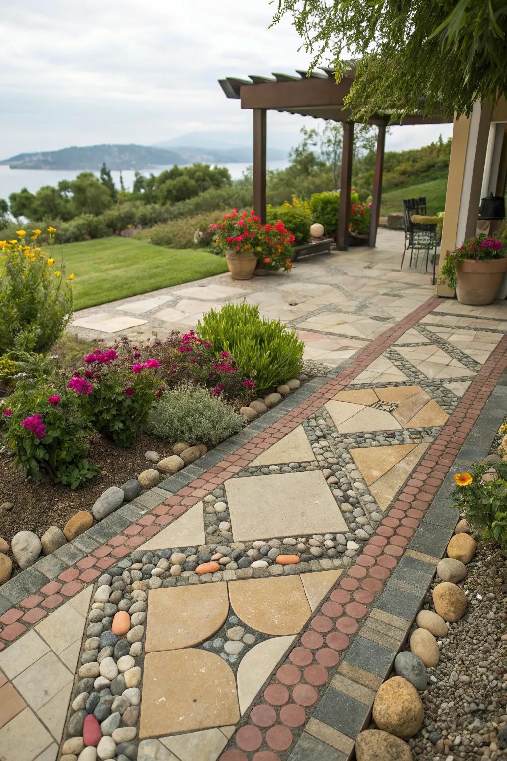 Colorful pebbles add a playful border to patio pavers.