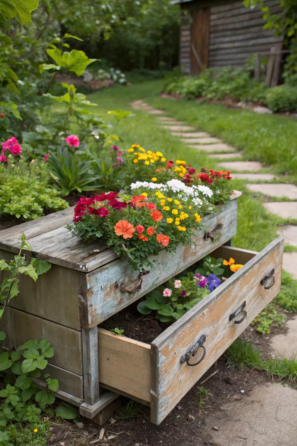 An old drawer finds new life as a quirky and charming raised bed.