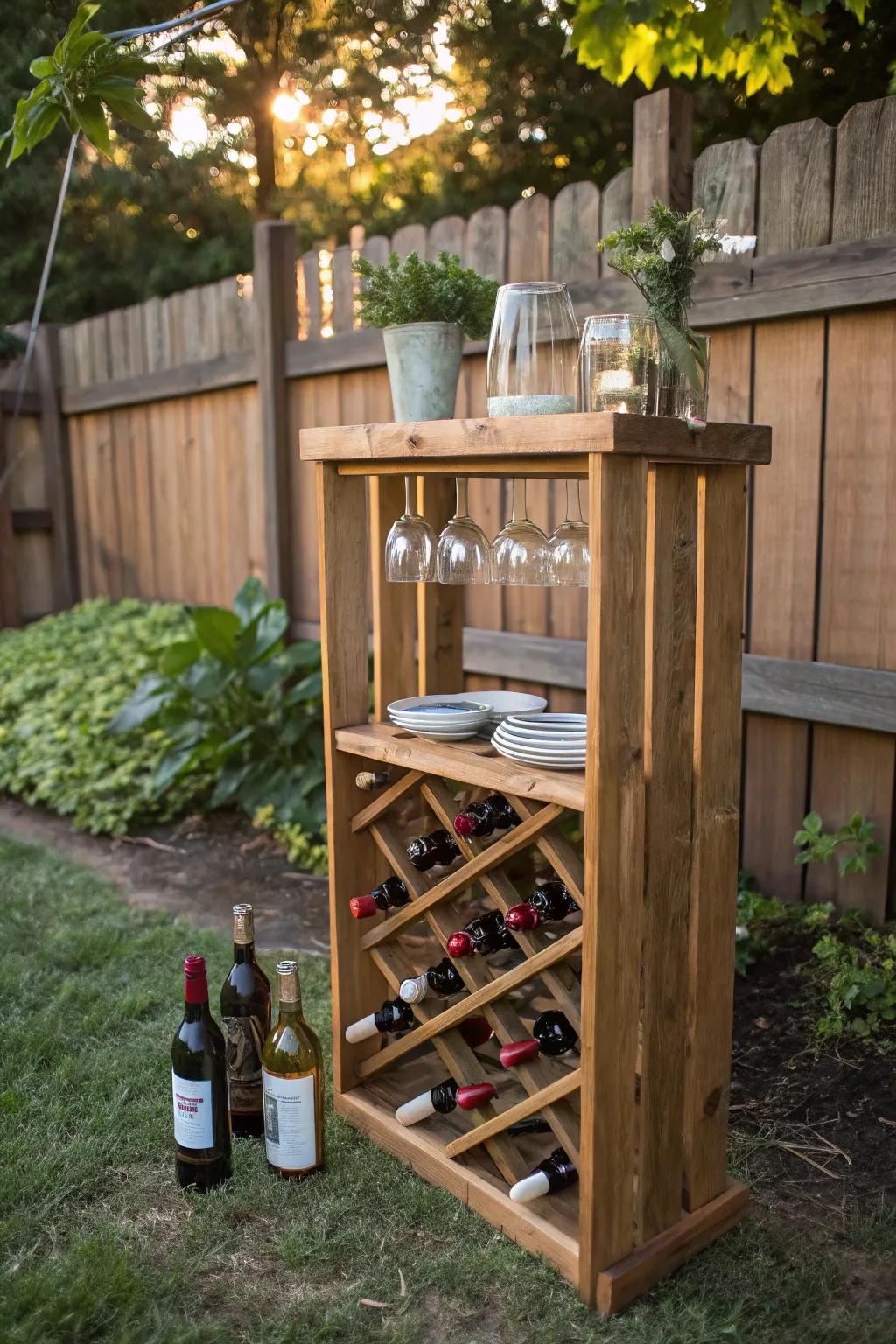 A DIY wine rack adds rustic charm and functionality.