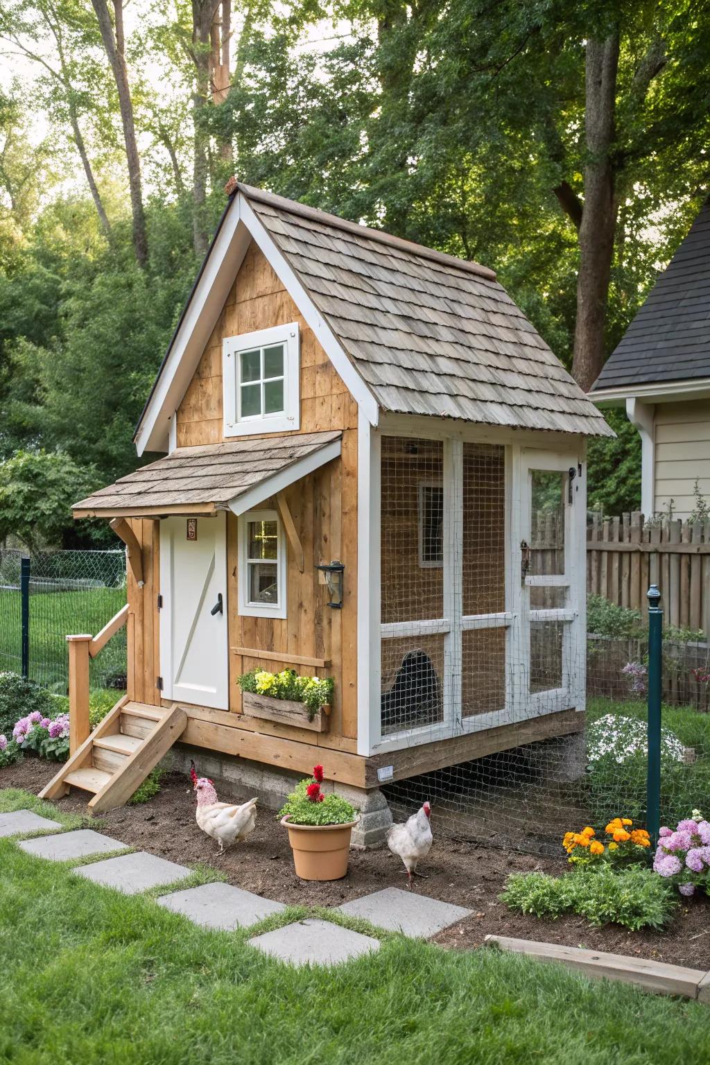 A themed coop can seamlessly integrate with your garden's style.