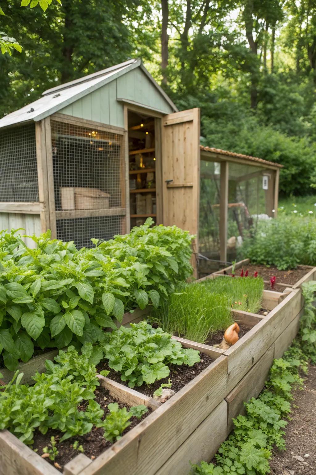 Plant boxes provide fresh treats and greenery.