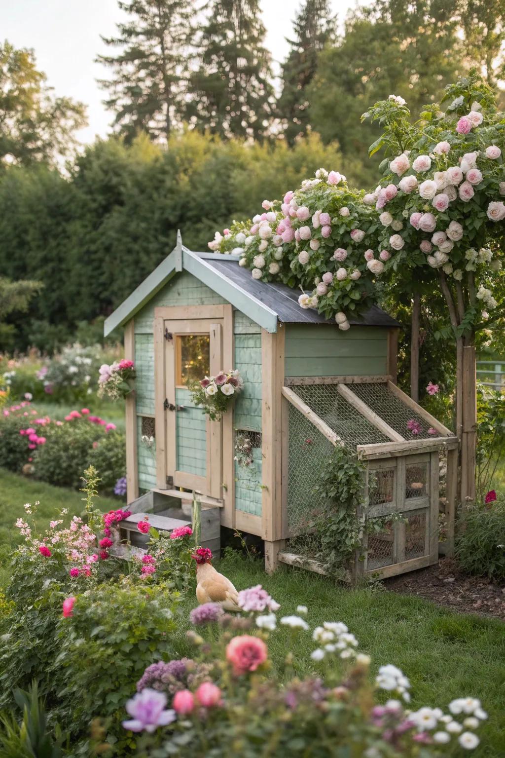 An elegant chicken coop adorned with beautiful floral accents.