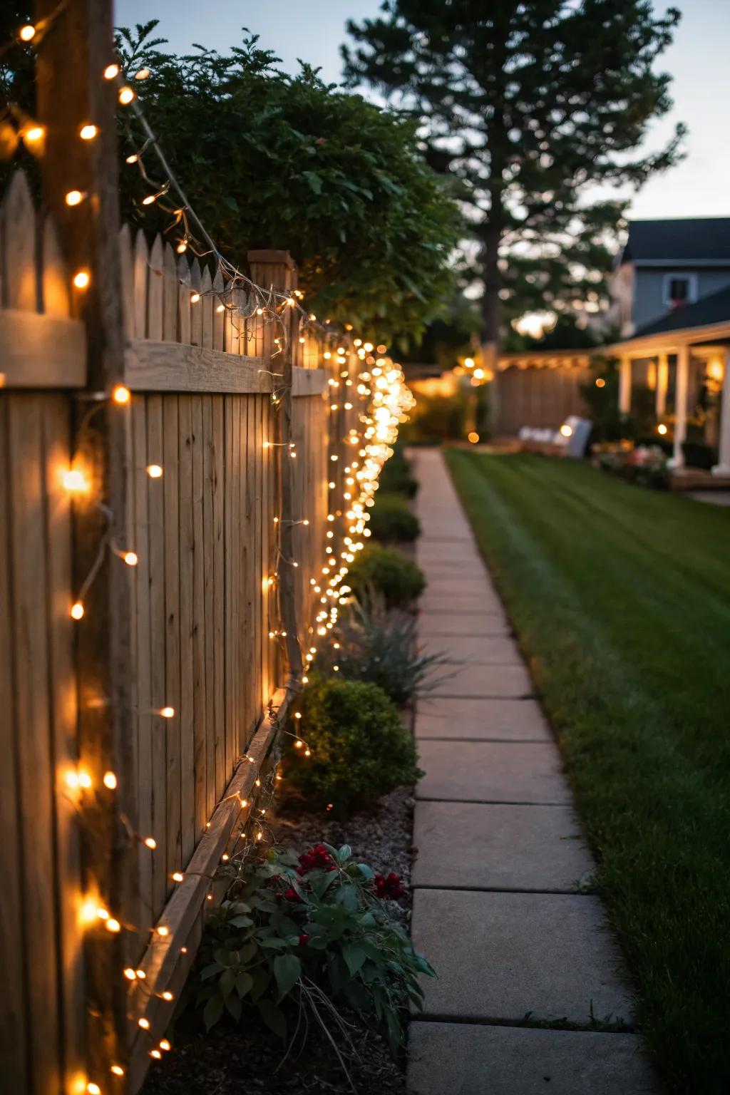 Twinkling lights along the fence add a seamless festive glow to the yard.