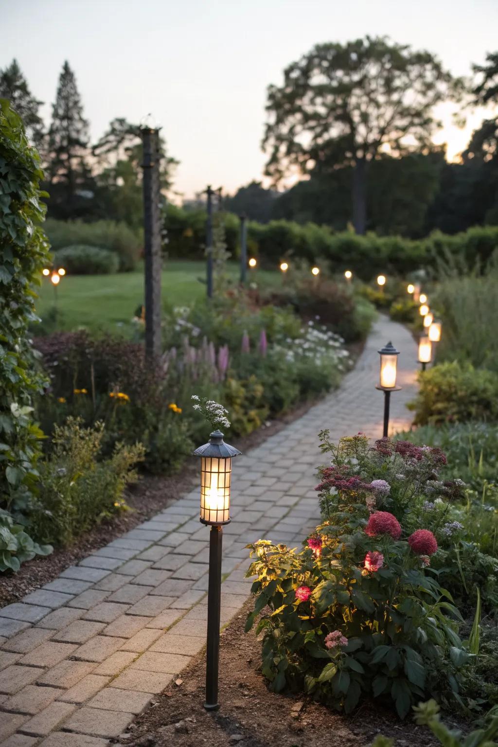 Lighted stakes guiding through a garden pathway.