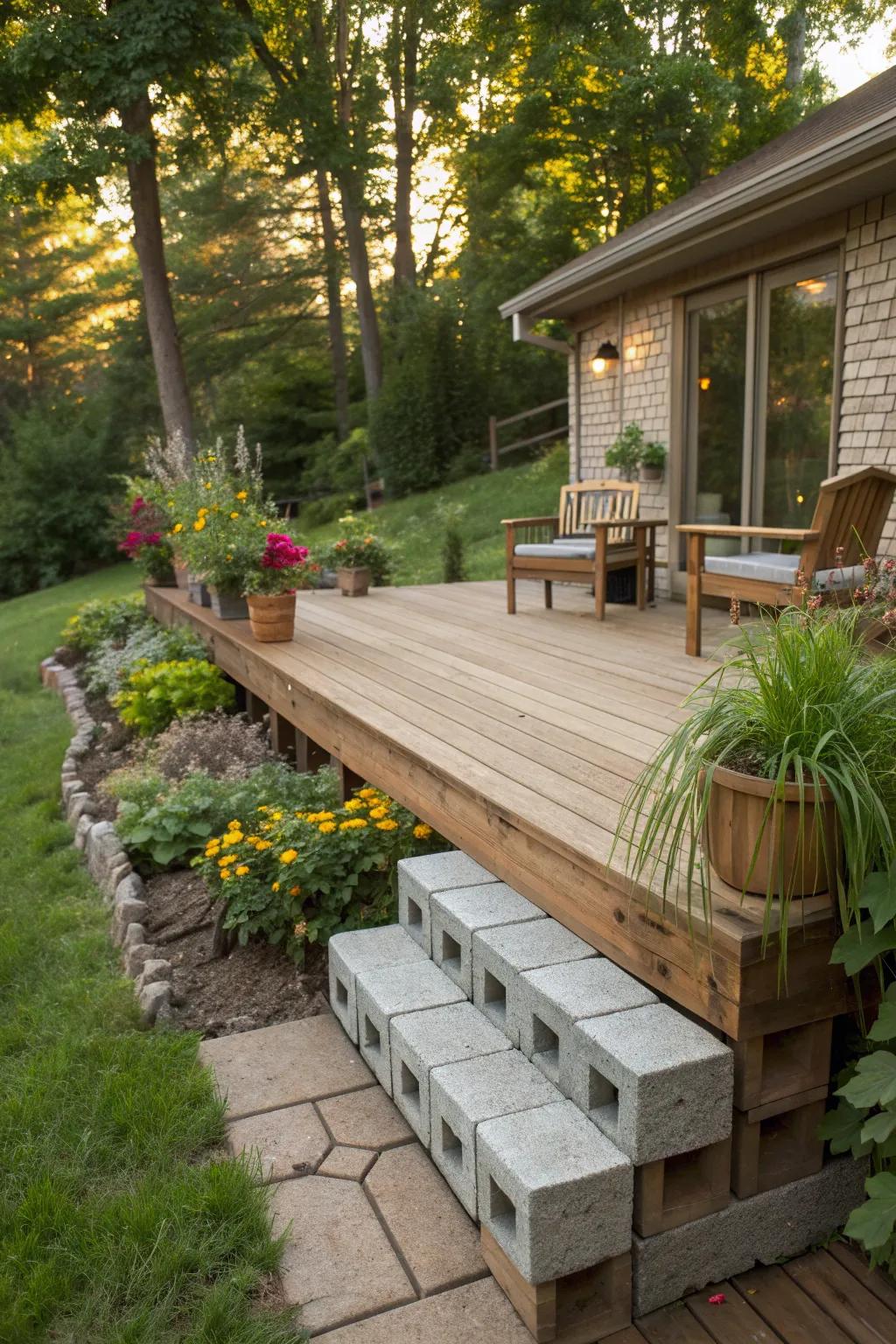 A rustic cinder block design harmonizes with nature's beauty.