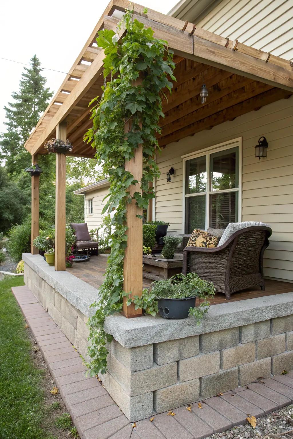A shaded pergola with a sturdy cinder block base.