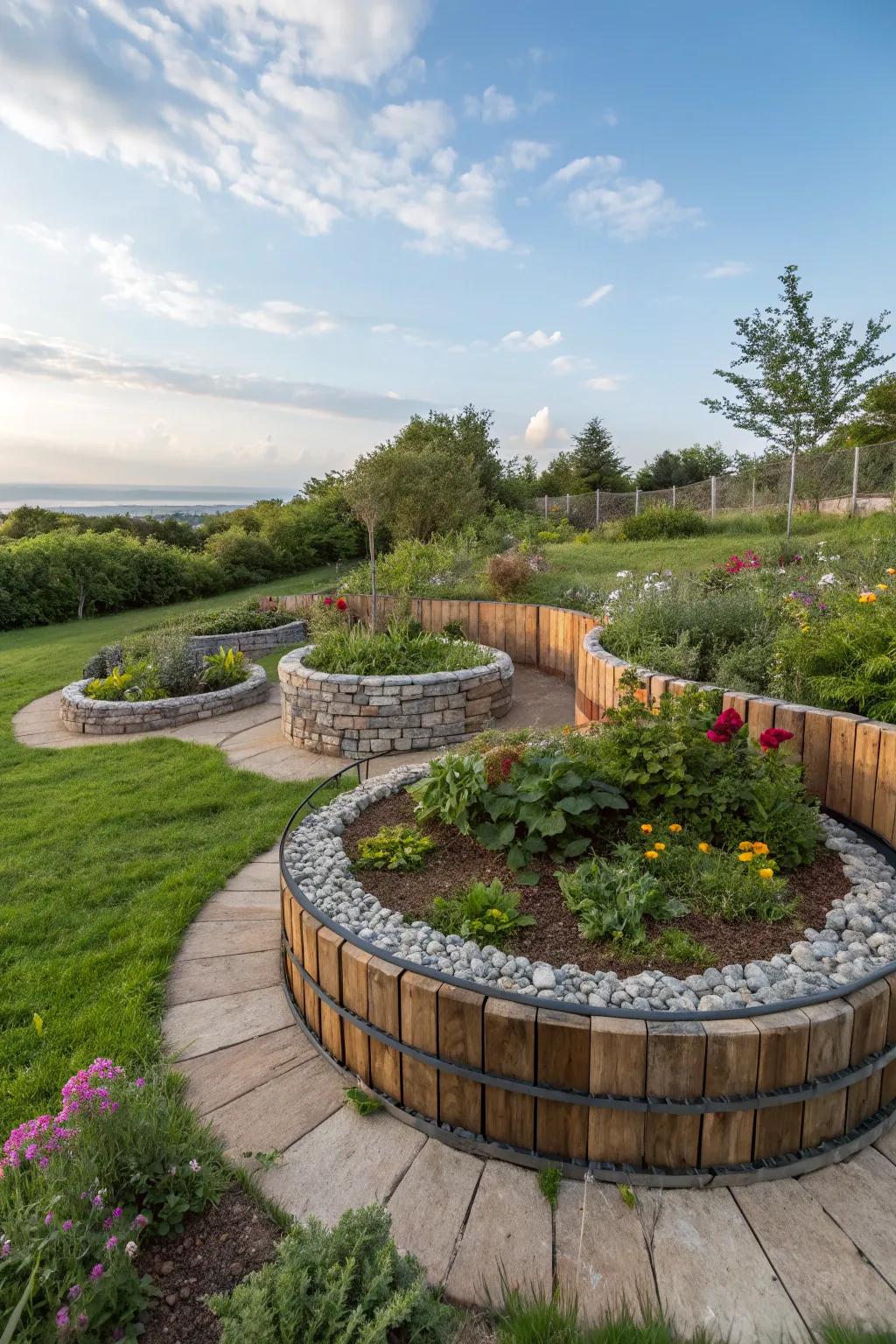 Mixed material borders add texture and character to a circular garden.