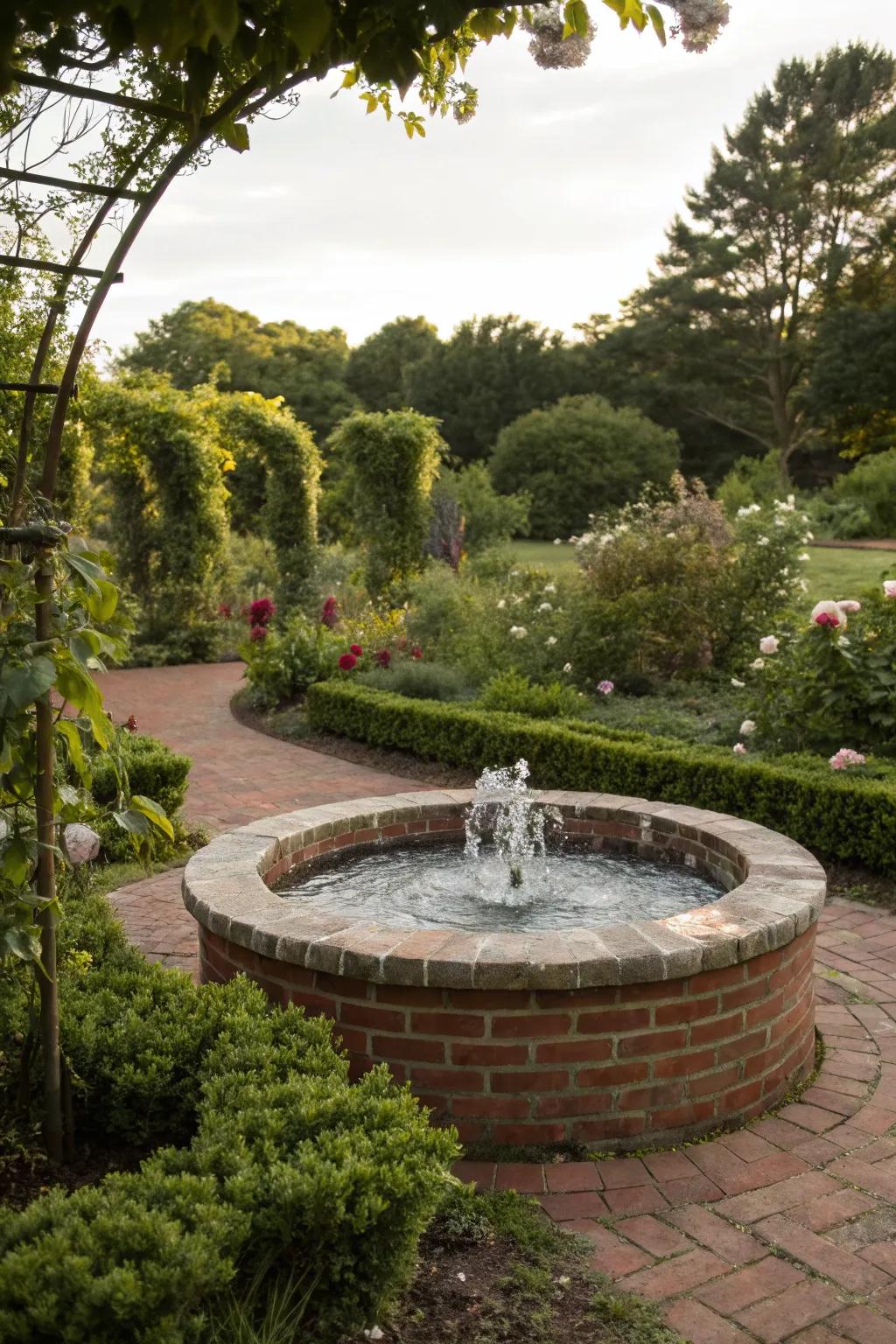 Add elegance with a circular brick fountain as a garden focal point.